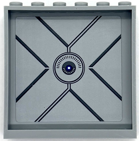 Lego Panel 1 x 6 x 5 with X-Men Logo Shaped Vault Doors and Round Lock with Radial Lines Pattern (Sticker) - Set 76294 / Light Bluish Gray