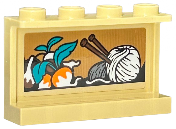 Lego Panel 1 x 4 x 2 with Side Supports - Hollow Studs with Light Bluish Gray and White Yarn, Reddish Brown Knitting Needles and Orange Root Vegetables with Dark Turquoise Leaves Pattern (Sticker) - Set 76428