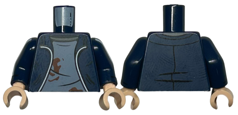Lego Torso Jacket with Silver Trim, Sand Blue Shirt, Reddish Brown Dirt Stains Pattern / Dark Blue Arms with White Stripes Pattern / Light Nougat Hands