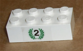 Lego Brick 2 x 4 with Black Number 2 in Green Laurels Pattern (Sticker) - Set 6539 / White