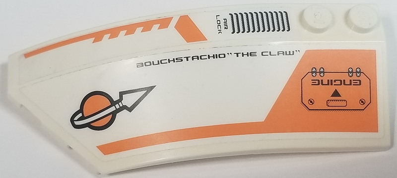 Lego Wedge 8 x 3 x 2 Open Left with Modified Classic Space Logo, 'AIR LOCK', 'ENGINE' and 'BOUCHSTACHIO "THE CLAW" ' Pattern (Stickers) - Set 7697