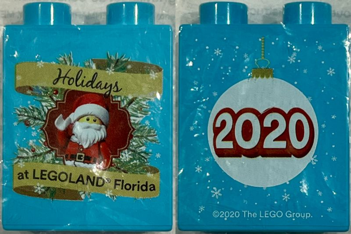 Lego Duplo, Brick 1 x 2 x 2 with Holidays at LEGOLAND Florida 2020, Santa Claus Minifigure Pattern / Medium Azure