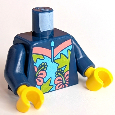 Lego Torso Wetsuit with Coral and Bright Light Orange Flowers, Lime Palm Leaves Print (Surfer), Dark Blue Arms, Yellow Hands