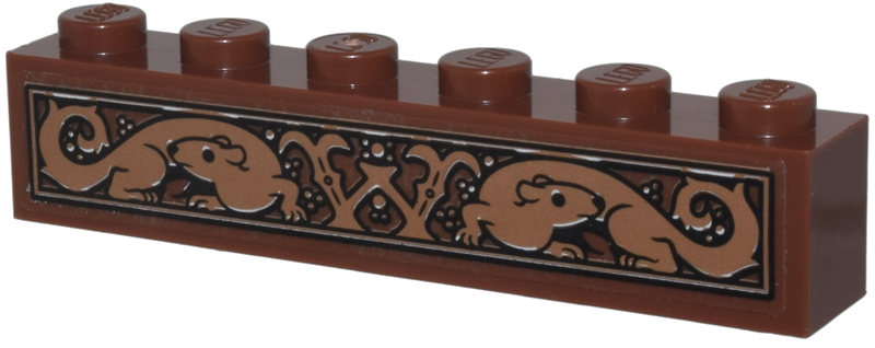 Lego Brick 1 x 6 with Medium Nougat Weasels and Letter W in Black Border Pattern (Sticker) - Set 76437 / Reddish Brown