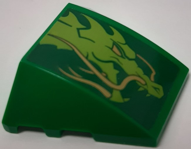 Lego Wedge 4 x 3 Triple Curved No Studs with Dragon Head Pattern Model Right Side (Sticker) - Set 70641 / Green