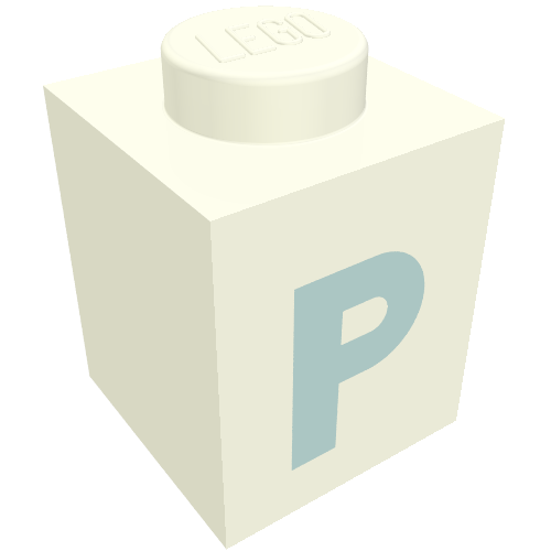 Lego Brick 1 x 1 with Blue 'P' Print (Bold Font) / White
