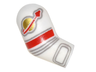 Lego Arm, Right with Astronaut Spacesuit Panels, Gold Classic Space Logo, Red Stripe and 4 Light Bluish Gray Lines Pattern / White