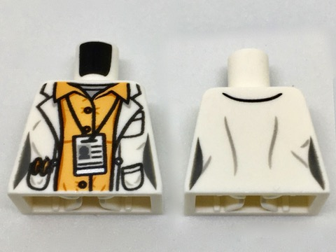 Lego Torso Lab Coat with Pockets and ID Badge over Orange Shirt Pattern / White