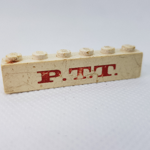 Lego Brick 1 x 6 with 'P.T.T.' Thick Red Print / White