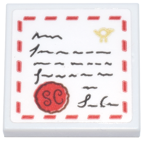 Lego Tile 2 x 2 with Letter with Gold Mail Horn, Black Script and Signature, Red Dashed Line Border and Seal with 'SC' Pattern (Sticker) - Set 10339 / White