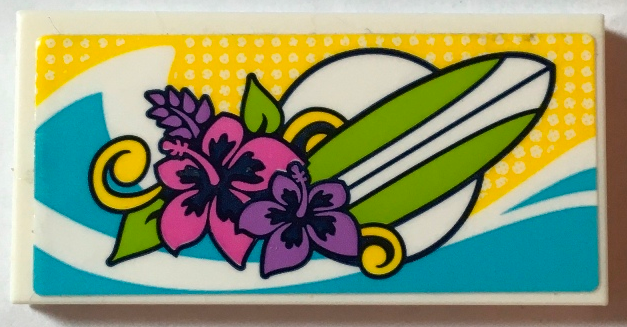Lego Tile 2 x 4 with Lime Surfboard, Dark Pink and Medium Lavender Hibiscus Flowers, and Medium Azure Wave Pattern (Sticker) - Set 41315