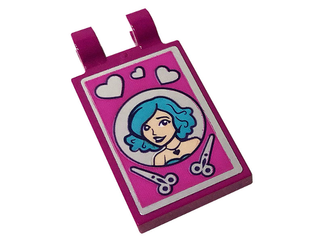 Lego Tile, Modified 2 x 3 with 2 Clips with Hearts, Scissors and Girl with Medium Azure Hair Pattern (Sticker) - Set 41391 / Magenta