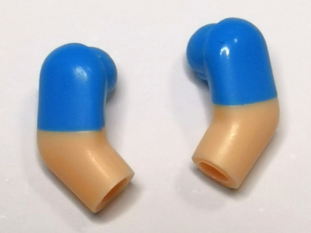 Lego Arm, (Matching Left and Right) Pair with Molded Dark Azure Short Sleeves  Pattern / Light Nougat