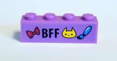 Lego Brick 1 x 4 with Magenta Bow, Dark Blue 'BFF', Yellow Cat Face and Paint Brush Pattern (Sticker) - Set 41346 / Medium Lavender