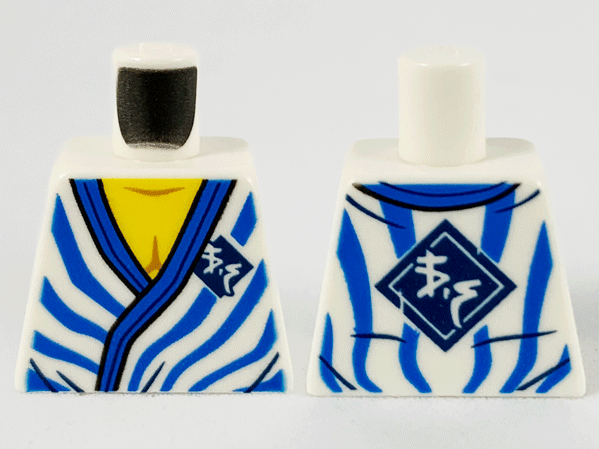 Lego Torso Tunic, Yellow Chest, Blue Hem, Stripes and Ninjago Logogram 'VS' in Dark Blue Diamond Pattern / White