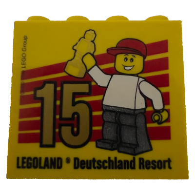 Lego Brick 2 x 4 x 3 with Minifigure Holding Trophy, Gold '15' and 'LEGOLAND Deutschland Resort' Print / Yellow