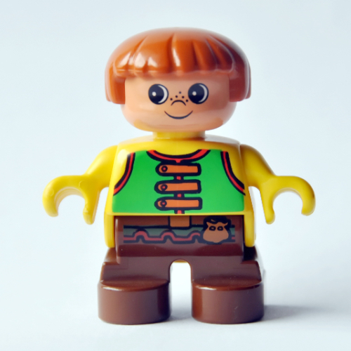 Lego Duplo Figure, Early Child, with Straight Hair Fabuland Brown, Brown Legs, Green Vest Print
