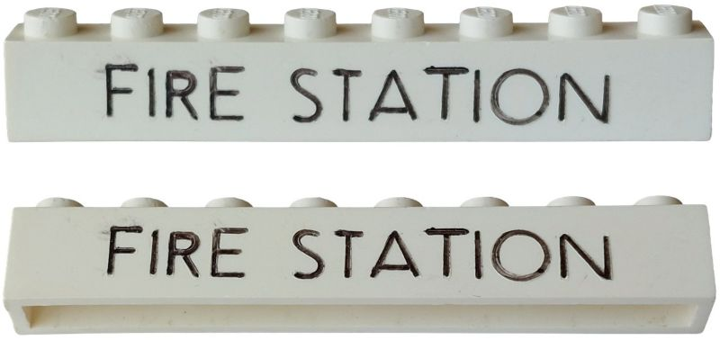 Lego Brick 1 x 8 without Bottom Tubes with Cross Side Supports with Black 'FIRE STATION' Sans-Serif Thin (Letters Close) Pattern