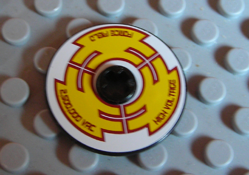 Lego Technic, Disk 3 x 3 with 'HIGH VOLTAGE', 'FORCE FIELD', '2,500,000 VAC' on Yellow Pattern (Sticker) - Set 8102