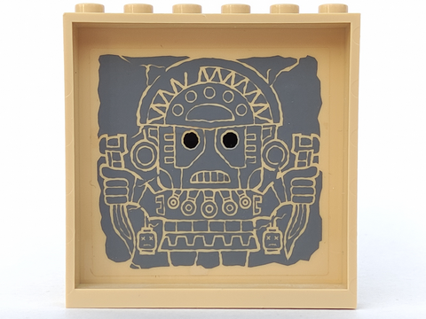 Lego Panel 1 x 6 x 5 with Aztec Figure with Spiky Headdress and Knives on Dark Bluish Gray Stone Pattern on Inside (Sticker) - Set 7627
