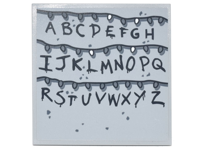 Lego Tile 6 x 6 with Bottom Tubes, Textured Surface with Black Alphabet Letters and Christmas Lights Pattern (Sticker) - Set 75810 / Light Bluish Gray