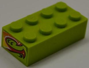 Lego Brick 2 x 4 with Red and Yellow Flame Bottom Half Pattern on Both Ends (Stickers) - Set 8199 / Lime