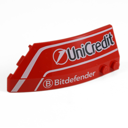 Lego Brick Wedged, Curved 8 x 3 x 2 Open Right with White Lines 'UniCredit', 'Bitdefender' Print