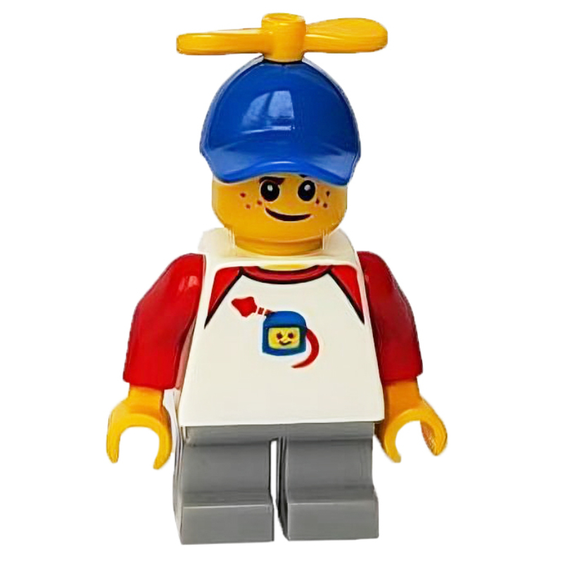 Lego Boy, Classic Spaceman on Shirt, Short Light Bluish Gray Legs, Blue Cap with Propeller