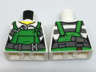 Lego Torso Overalls Green over Prison Stripes Shirt, Dark Bluish Gray Belt Pattern / White