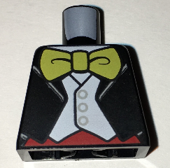 Lego Torso Tuxedo Jacket Open over White Vest with Buttons, Red Cummerbund, Large Yellow Bow Tie Pattern / Black