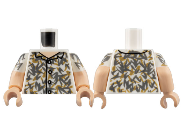 Lego Torso Shirt, Light Nougat Neck, Buttons, Dark Bluish Gray and Tark Tan Floral Pattern / Light Nougat Arms with White Short Sleeves, Floral Pattern / Light Nougat Hands