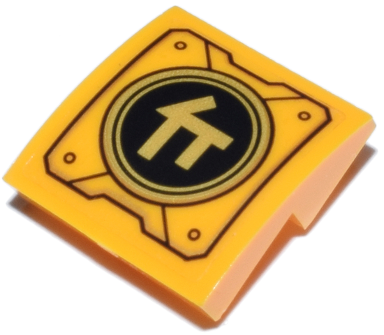 Lego Slope, Curved 2 x 2 x 2/3 Inverted with Mechanical Panel with Ninjago Logogram Letter C on Black and Gold Circle Pattern (Sticker) - Set 71837