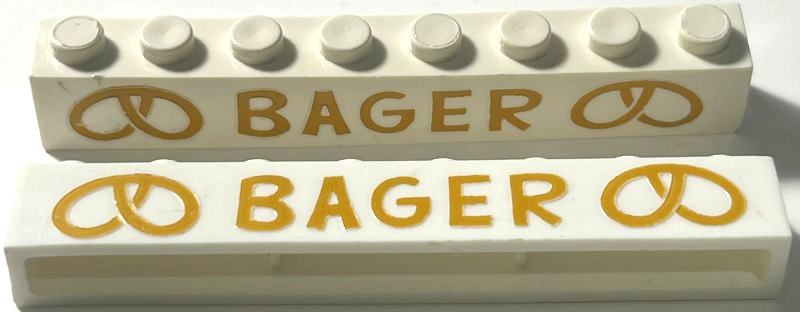 Lego Brick 1 x 8 without Bottom Tubes with Cross Side Supports with Light Gold 'BAGER' and Pretzels Wide Pattern