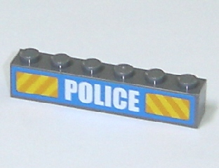 Lego Brick 1 x 6 with White 'POLICE' Bold Narrow Font and Yellow Diagonal Stripes on Blue Pattern (Sticker) - Set 7743 / Dark Bluish Gray