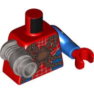 Lego Torso, Blue Left Arm, Red Hand, Flat Silver Mechanical Right Arm with Copper Chains, Silver Spider Webbings with Barbs, Dark Bluish Grey Bandages print / Red