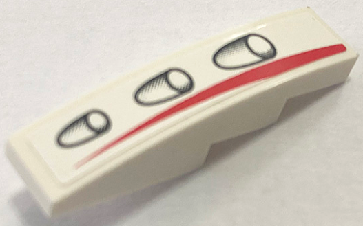 Lego Slope, Curved 4 x 1 with Red Stripe and 3 Headlights Pattern Model Right Side (Sticker) - Set 8161 / White