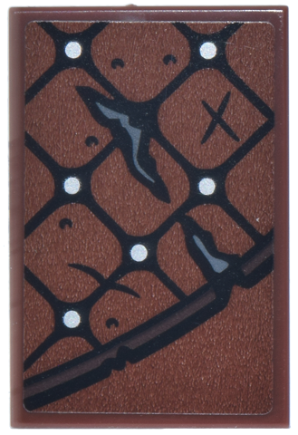 Lego Tile 2 x 3 with Quilted Leather Armor Panel with Black Grid, White Dots, Dark Brown Trim and Dark Bluish Gray Tears Pattern Model Left Side (Sticker) - Set 75644
