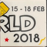 Lego Tile 2 x 2 with LEGO World Logo Right Half, '15-18 FEB', 'RLD' and '2018' Pattern