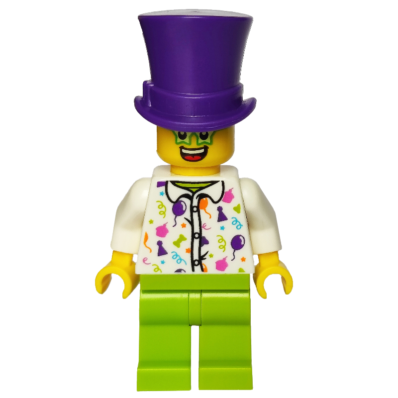 Lego Man, White Shirt with Balloons, Party Hats, and Streamers, Lime Legs, Dark Purple Top Hat, Star Glasses