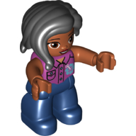 Lego Duplo Figure with Long Hair Section in Front Black, with Brown Eyes, Dark Blue Legs, Magenta Shirt with Pockets, Buttons, and Collar with Blue Flower Print / Magenta