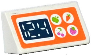 Lego Slope 30 1 x 2 x 2/3 with Apple, Carrot, Cherry and Strawberry in White Circles and '12.4' Digital Display Pattern (Sticker) - Set 41108