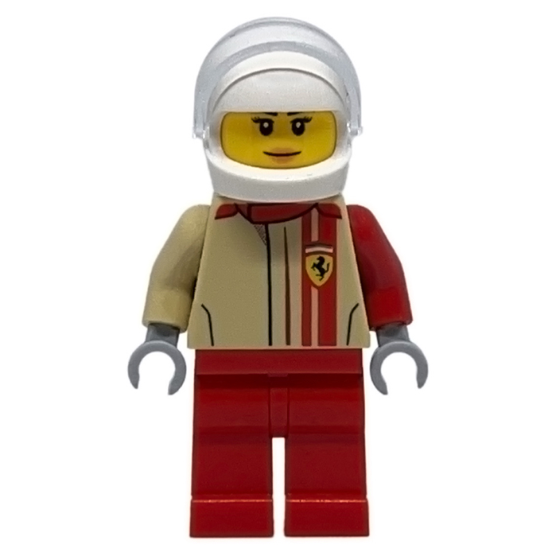Lego Race Driver, Tan Torso, Red Legs, White Helmet, Ferrari