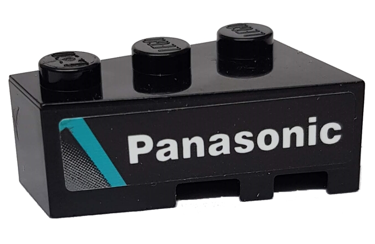 Lego Wedge 3 x 2 Left with Medium Azure Stripe and White 'Panasonic' on Black Background Pattern (Sticker) - Set 76898 / Black