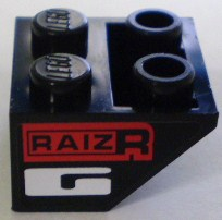 Lego Slope, Inverted 45 2 x 2 with Flat Bottom Pin with 'RAIZR' on Red, White Letter G Pattern (Sticker) - Set 8898