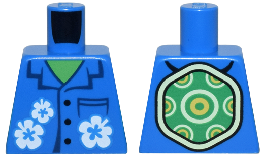 Lego Torso Hawaiian Shirt with Dark Blue Pocket and Collar, Black Buttons and White Flowers and Turtle Shell over Bright Green Skin Pattern
