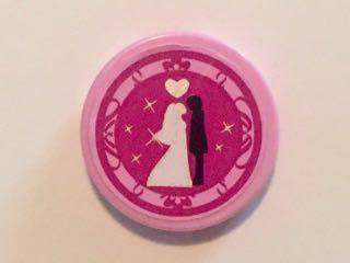 Lego Tile, Round 2 x 2 with Bride and Groom and Silver Heart on Magenta Background Pattern (Sticker) - Set 41058