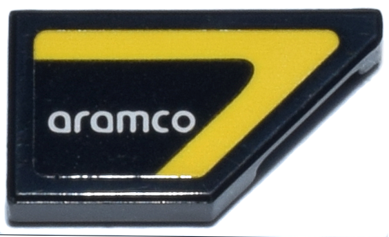 Lego Tile, Modified 1 x 2 Wedge Right with White 'aramco' Logo and Yellow Stripe Border Pattern (Sticker) - Set 76925