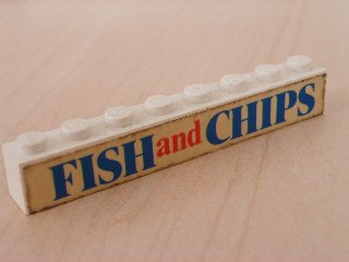 Lego Brick 1 x 8 with Blue and Red 'FISH and CHIPS' Text Pattern (Sticker) - Set 1592-1 / White