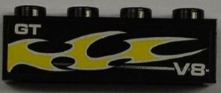 Lego Brick 1 x 4 with 'GT', 'V8' and Yellow Flame Pattern Model Left Side (Sticker) - Set 8186 / Black