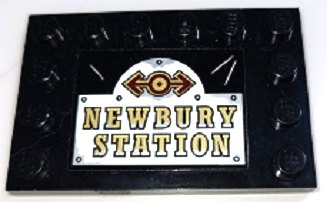Lego Tile, Modified 4 x 6 with Studs on Edges with Dark Red and Gold Train Logo and 'NEWBURY STATION' Pattern (Sticker) - Set 70424